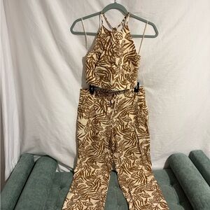 House of Harlow 1960 Brown and Cream Leaf Print Jumpsuit